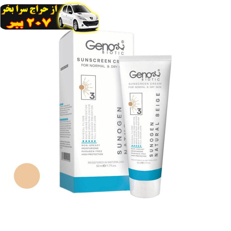 کرم ضد آفتاب رنگی ژنوبایوتیک SPF50 مدل NBD3 مناسب پوست های خشک و معمولی حجم 50 میلی لیتر