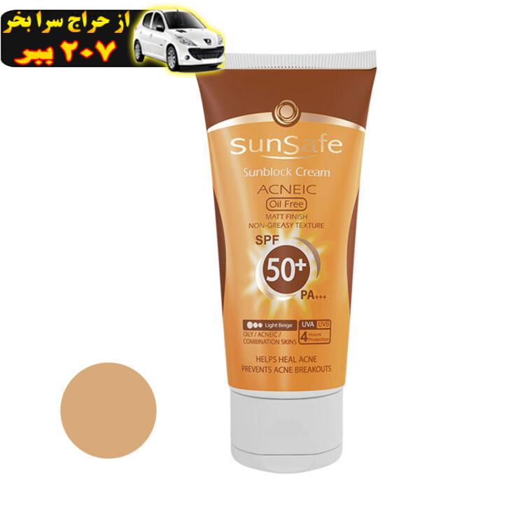 کرم ضد آفتاب و آنتی آکنه رنگی سان سیف مدل SPF50 مناسب پوست های چرب حجم 50 میلی لیتر