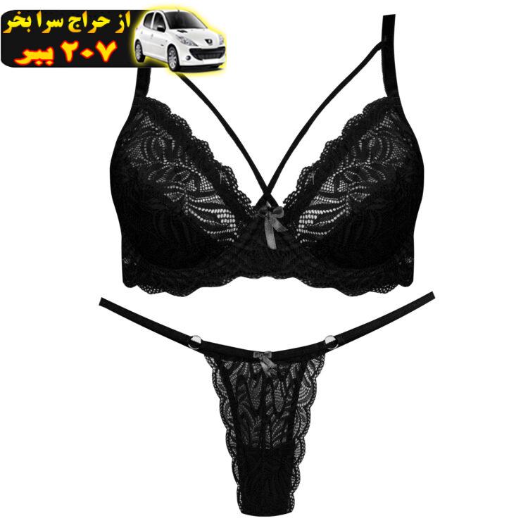 ست شورت و سوتین زنانه کارنا رز مدل گیپوری هارنس فنردار کد 4673-3150 رنگ مشکی